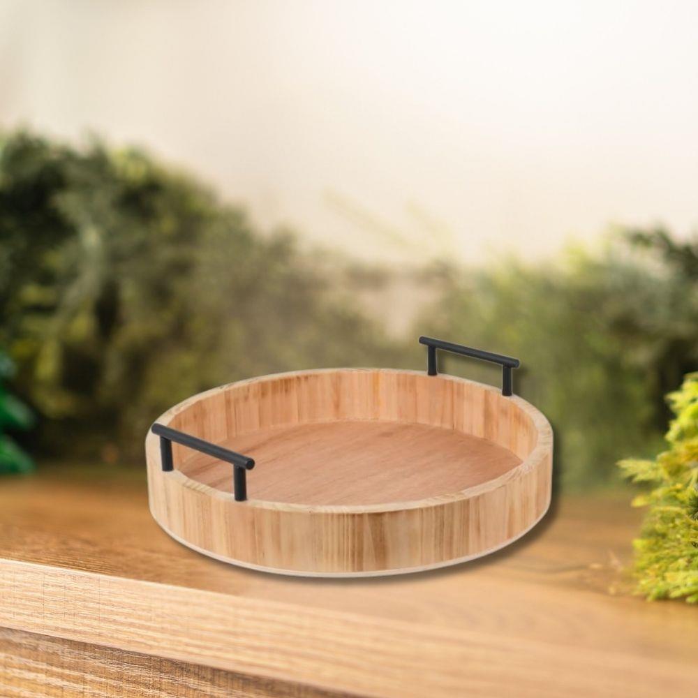 12" Round Wood Tray with Handles
