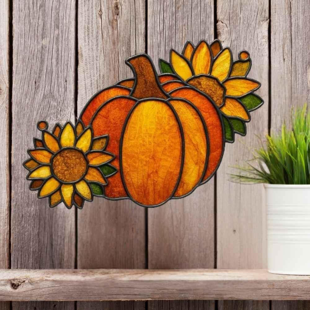 Stained Glass Suncatcher - Pumpkin with Sunflowers